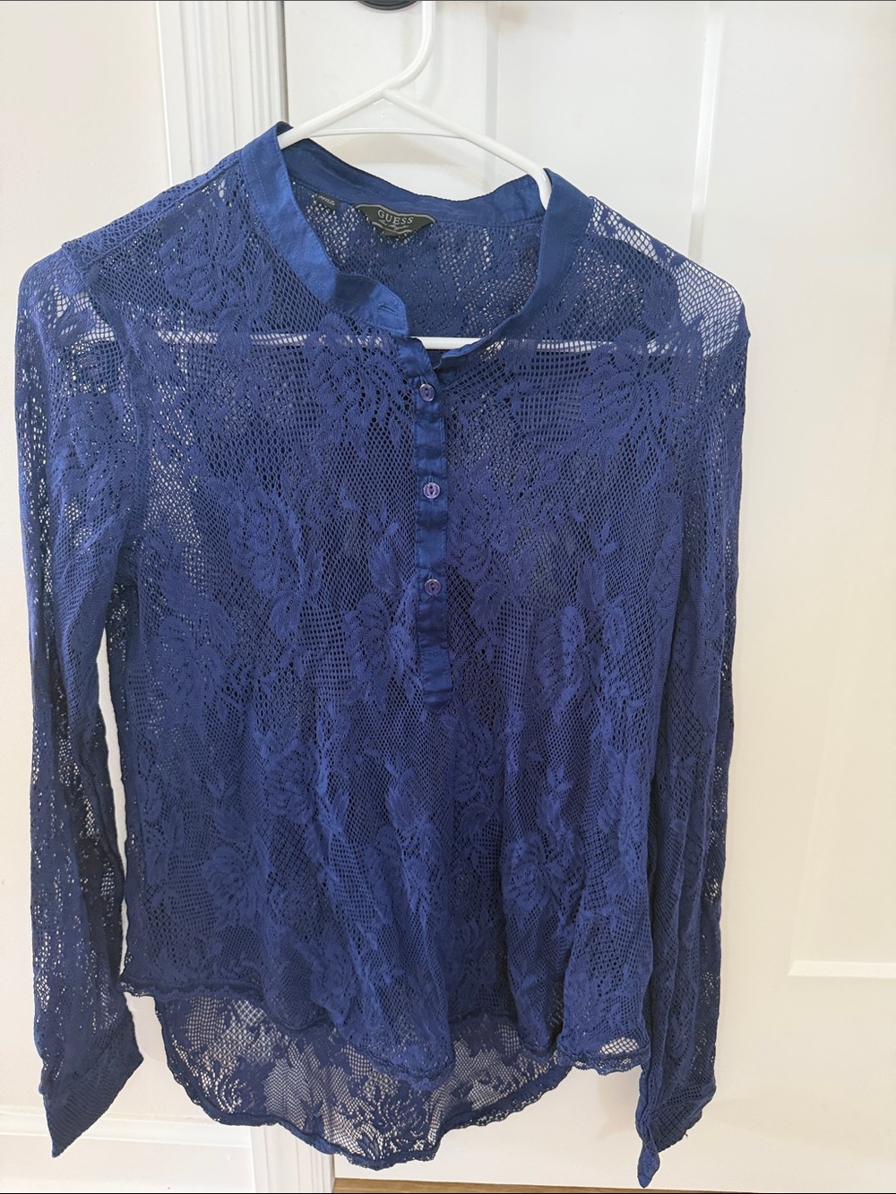 Guess Floral Lace Henley Top in Navy Blue